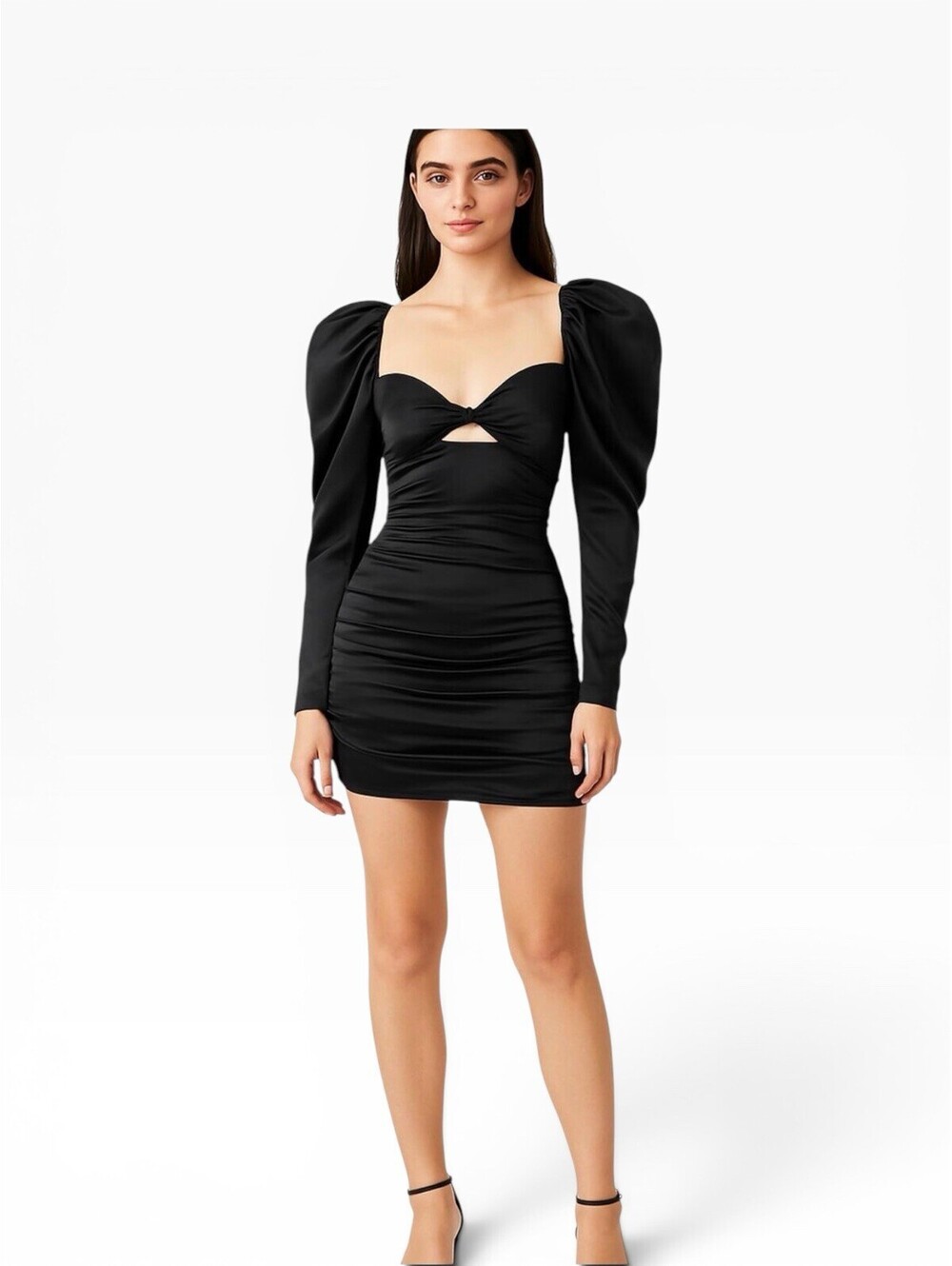 Halpern NWT Black Gathered Satin Cutout Mini Dress - Size FR 38 (US 6)